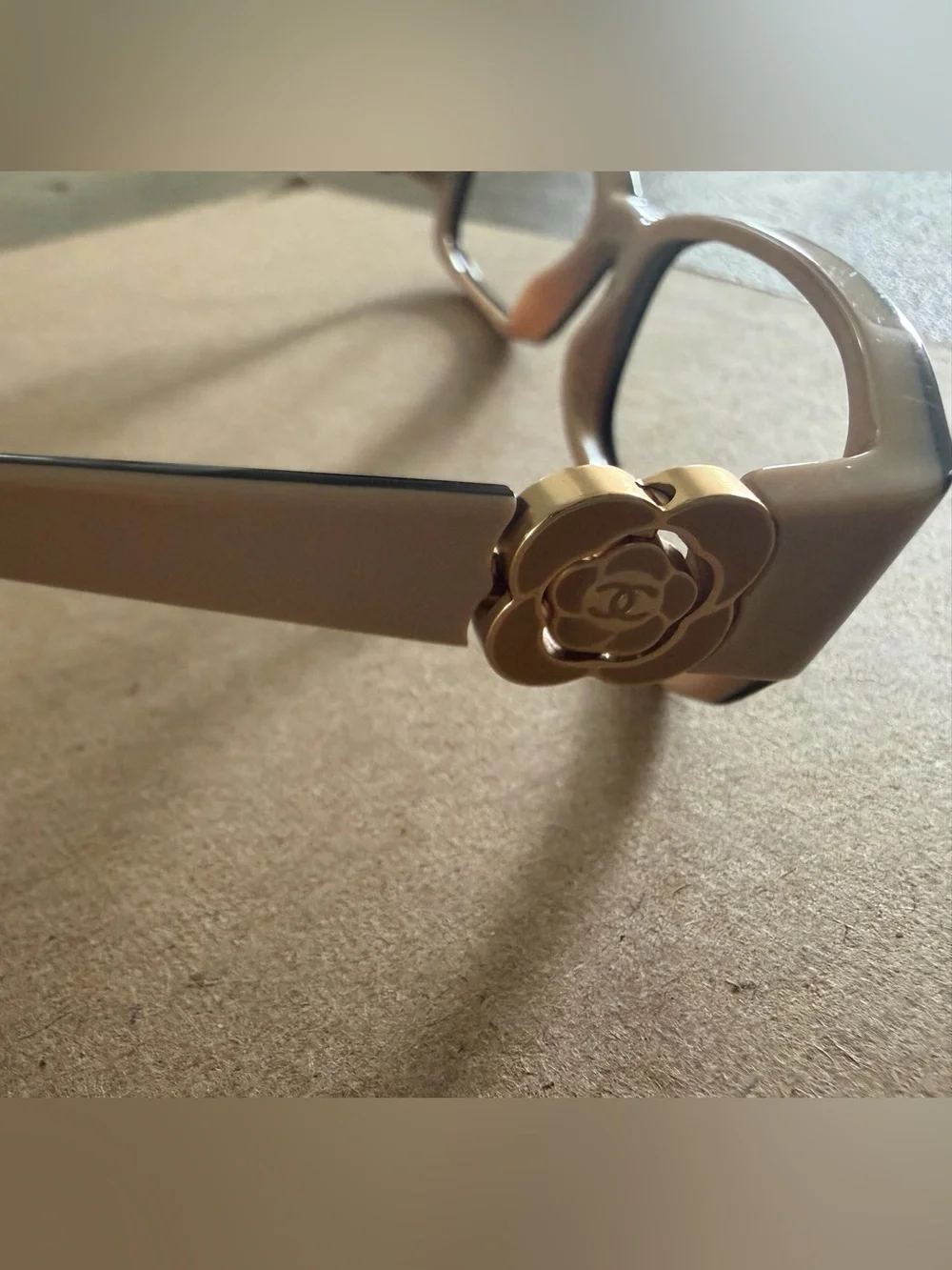 CHANEL Black Frames with Tan Inner Trim and Gold Flower with emblem on temples